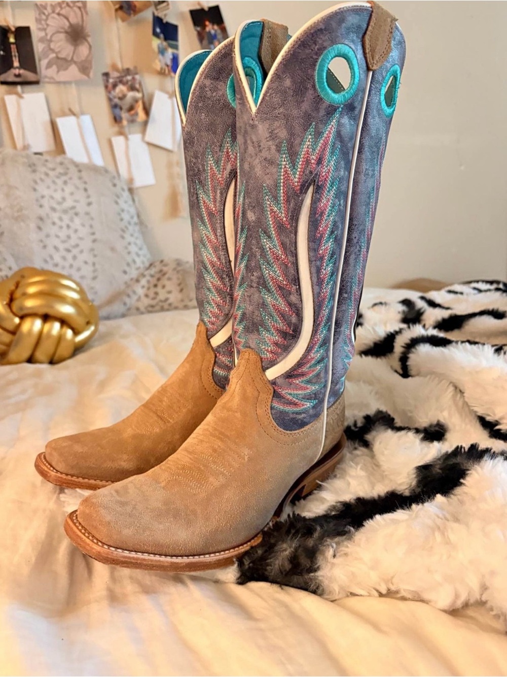 Ariat Tan Suede Foot with Blue-Purple Embroidered Shaft Lace-Up Boots